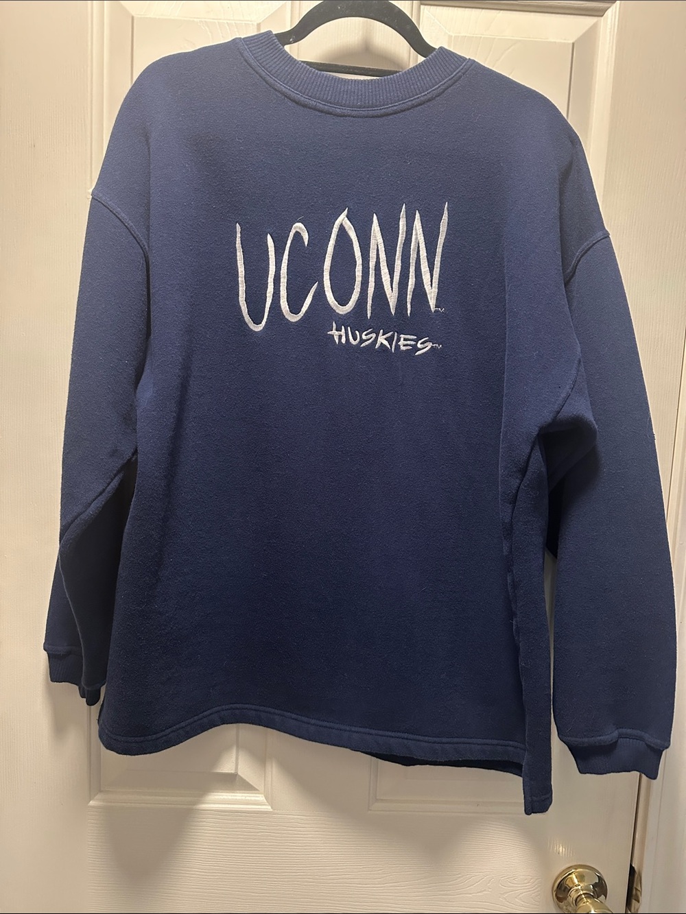 UCONN Huskies Navy Crewneck Sweatshirt with Silver Gray Embroidery